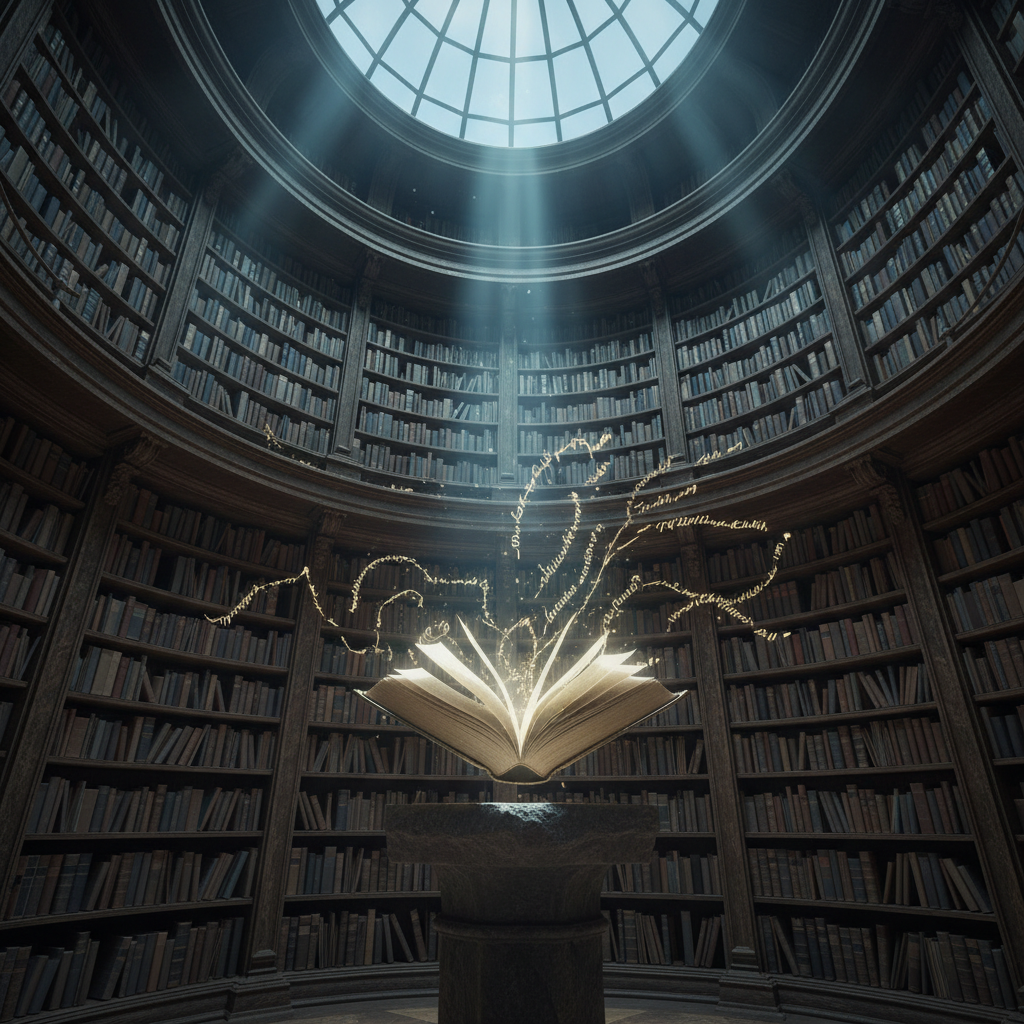Inside a dim, forgotten library, towering bookshelves of dark, aged wood curve into a circular room, their shelves packed with leather-bound volumes stamped with metallic, poetic titles. In the center, a single book floats open above a stone pedestal, its pages slowly turning as soft streams of luminous, handwritten verses rise from the paper like glowing mist. Cool shafts of moonlight fall through a high glass dome, mingling with the gentle radiance of the floating words. Photographic realism with subtle fantastical elements, captured from a low-angle, wide lens view that emphasizes the height and mystery of the shelves, creating a hushed, enchanted atmosphere made for dreaming differently.