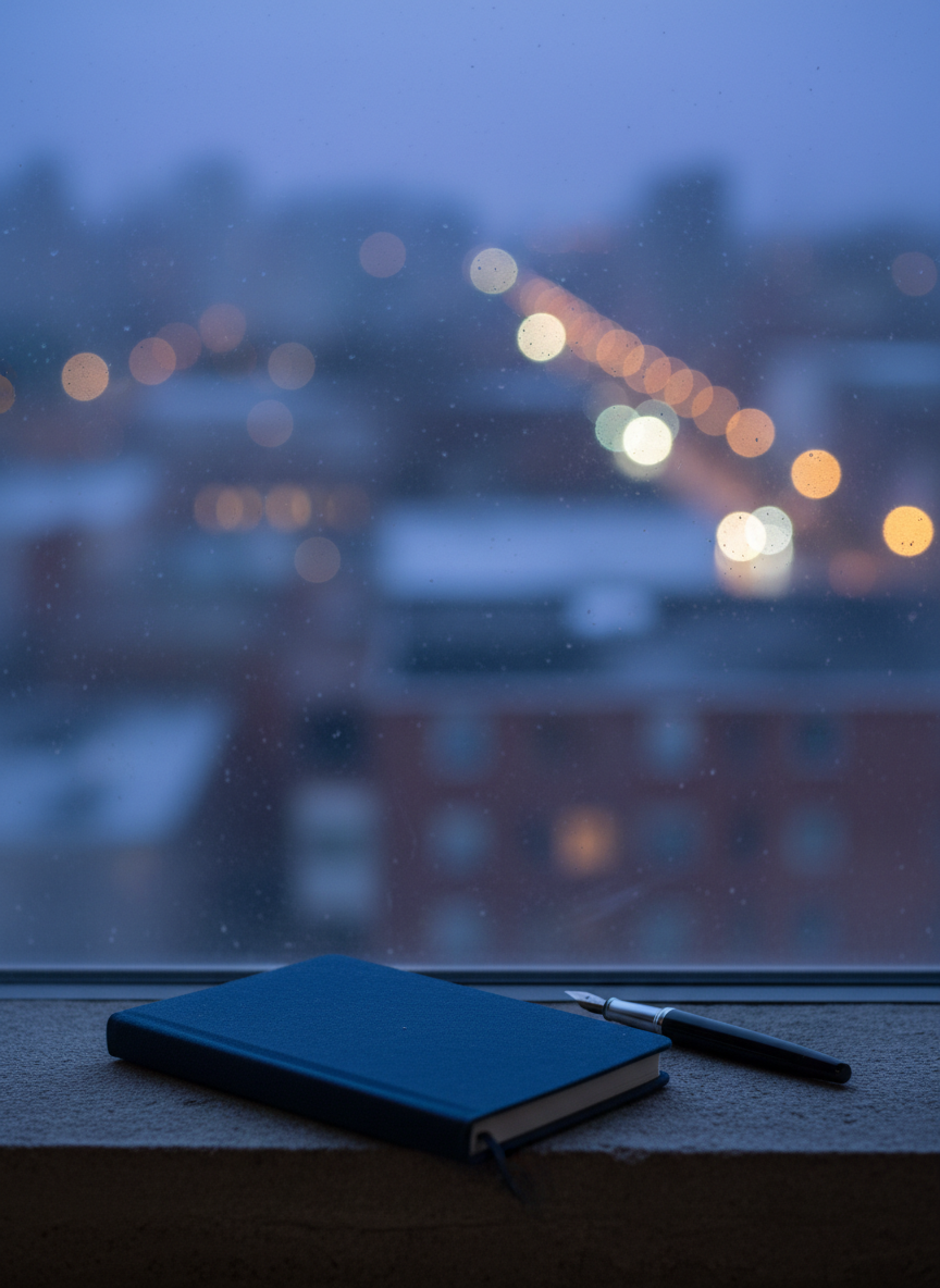 A slim, midnight-blue notebook with a soft fabric cover lies closed on a charcoal stone windowsill, beside a black fountain pen with a gleaming silver nib. Beyond the slightly fogged glass stretches a hazy cityscape at blue hour, distant lights dissolving into dreamy bokeh. Cool, diffused evening light slides across the notebook’s textured surface, revealing faint dust motes suspended in the air. The composition uses the rule of thirds, with sharp focus on the notebook and pen while the urban background melts into abstract shapes. Photographic realism emphasizes the quiet, introspective atmosphere, suggesting unwritten poems and imagined worlds waiting to emerge from silence.