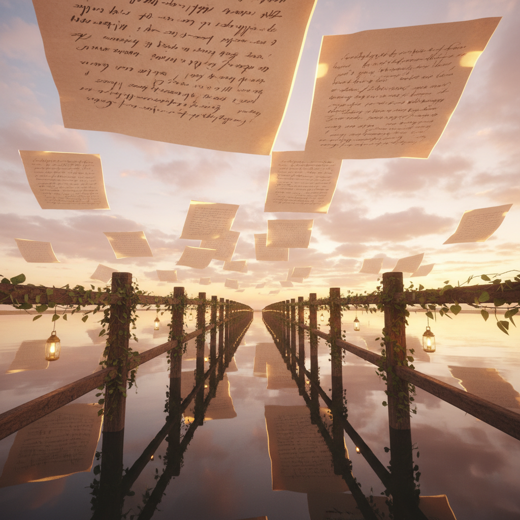 An ethereal scene of a narrow wooden bridge suspended over a perfectly still, mirror-like lake that reflects a sky filled with oversized, drifting paper pages instead of clouds. Each floating page shows faint, unreadable lines of poetry, edges softly illuminated. The bridge’s handrails are wrapped with delicate ivy and tiny glowing lanterns. Warm golden hour light spills across the landscape, tinting the water with rose and amber hues. Shot in photographic realism from a low, centered perspective, the bridge leading into the distance, creating a dreamlike, otherworldly mood where poetry visibly reshapes the world into a place of quiet wonder and gentle magic.