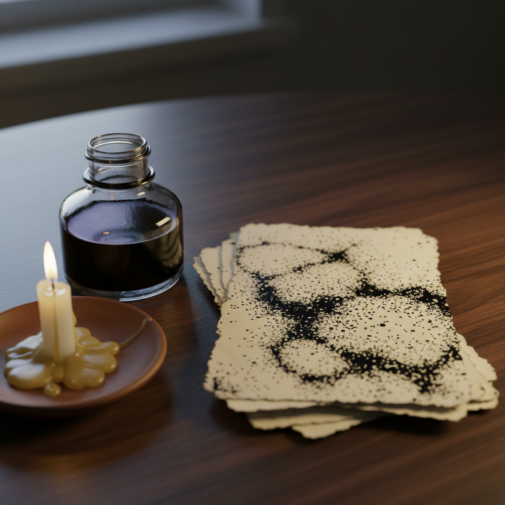 A small stack of torn, uneven parchment pages sits atop a dark walnut desk, each sheet covered in swirling, abstract ink patterns that resemble constellations of words rather than legible lines. A glass inkwell, half full of shimmering black ink with subtle iridescent reflections, stands nearby. A thin candle, burned almost to its base, pools wax onto a simple clay saucer. Golden candlelight and faint moonlight from an unseen window mix softly, creating dramatic yet tender shadows. Photographic realism, eye-level composition, with a shallow depth of field that sharpens the inkwell and the nearest inked page while the rest fades into a velvety blur, evoking secretive, nocturnal creativity.
