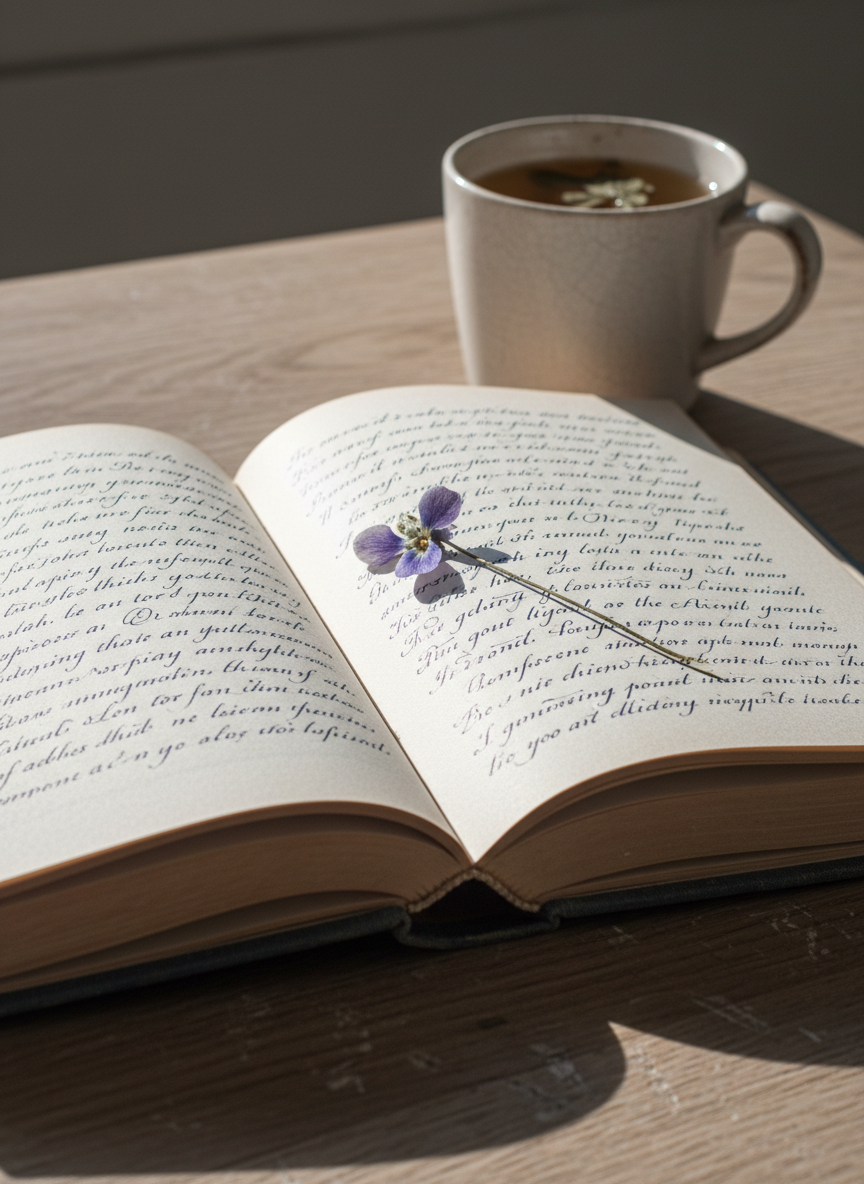A weathered hardcover poetry book lies open on a rough, pale oak table, its cream pages slightly curled and filled with delicate handwritten verses in deep blue ink. A single pressed wildflower, violet and fragile, rests between the pages. In the background, out of focus, an old ceramic mug with faint cracks holds cooling herbal tea. Soft morning light filters through an unseen window, washing the scene in a gentle, silvery glow and casting long, calm shadows. Photographic realism, shot from a slightly elevated angle with shallow depth of field, creating a serene, contemplative mood that invites the viewer to pause and drift into imagination.