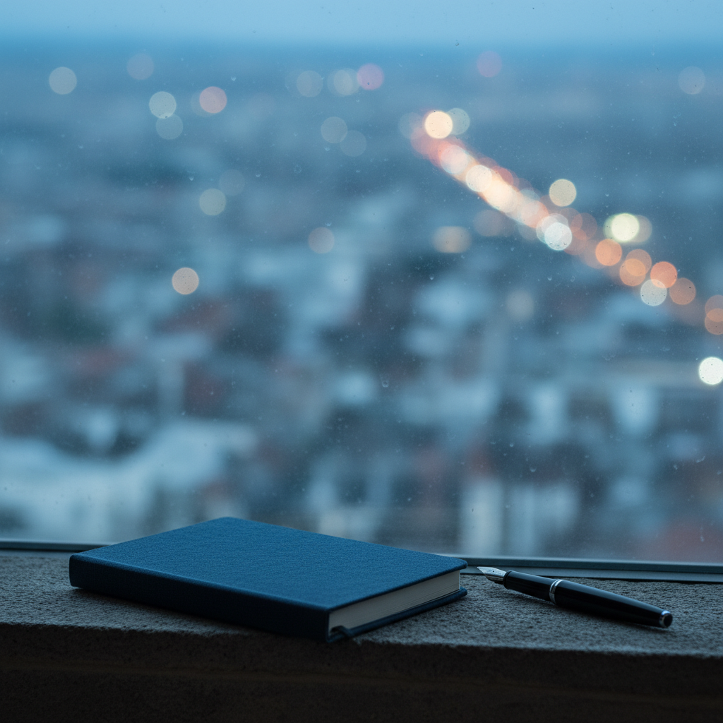A slim, midnight-blue notebook with a soft fabric cover lies closed on a charcoal stone windowsill, beside a black fountain pen with a gleaming silver nib. Beyond the slightly fogged glass stretches a hazy cityscape at blue hour, distant lights dissolving into dreamy bokeh. Cool, diffused evening light slides across the notebook’s textured surface, revealing faint dust motes suspended in the air. The composition uses the rule of thirds, with sharp focus on the notebook and pen while the urban background melts into abstract shapes. Photographic realism emphasizes the quiet, introspective atmosphere, suggesting unwritten poems and imagined worlds waiting to emerge from silence.