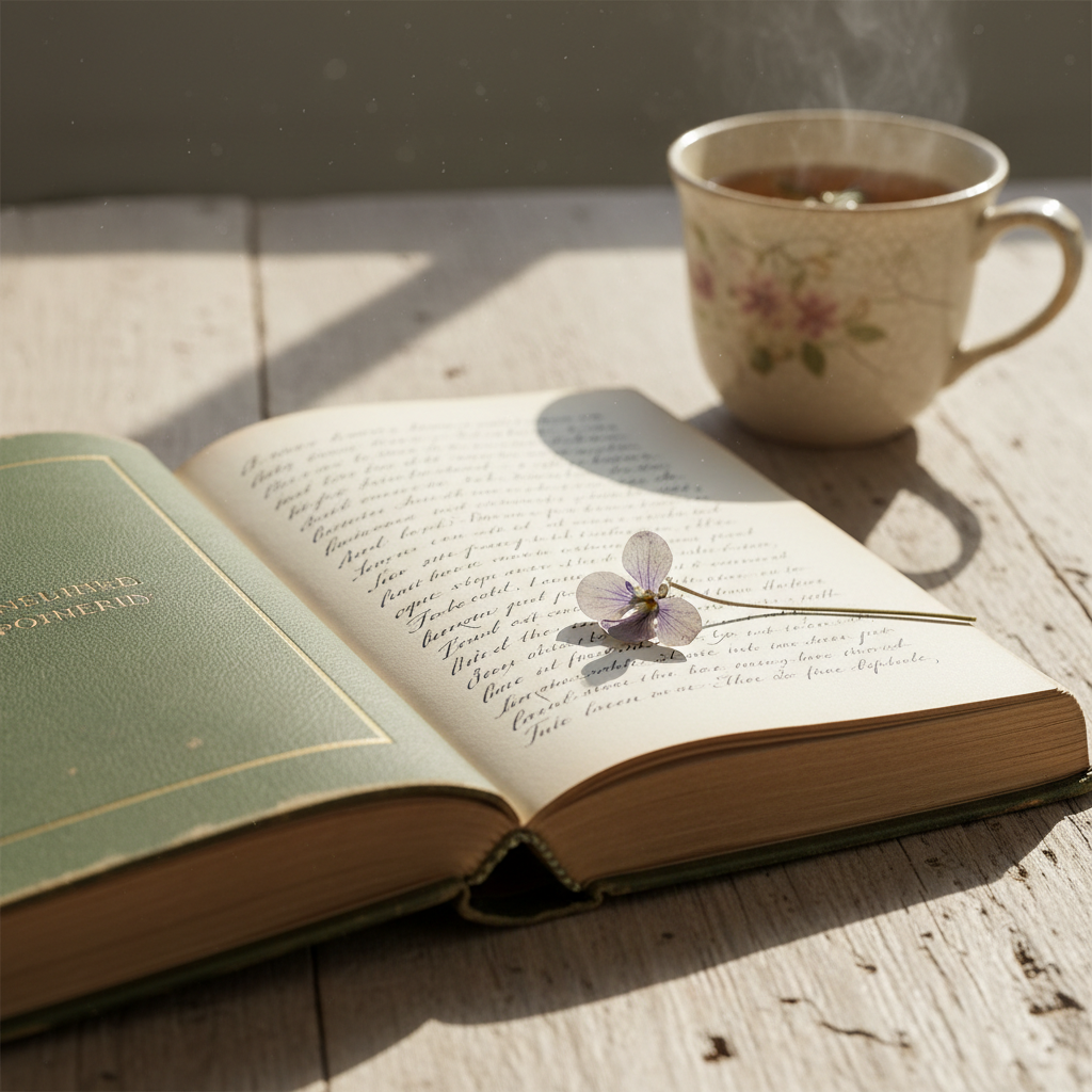 A weathered hardcover poetry book lies open on a rough, pale oak table, its cream pages slightly curled and filled with delicate handwritten verses in deep blue ink. A single pressed wildflower, violet and fragile, rests between the pages. In the background, out of focus, an old ceramic mug with faint cracks holds cooling herbal tea. Soft morning light filters through an unseen window, washing the scene in a gentle, silvery glow and casting long, calm shadows. Photographic realism, shot from a slightly elevated angle with shallow depth of field, creating a serene, contemplative mood that invites the viewer to pause and drift into imagination.