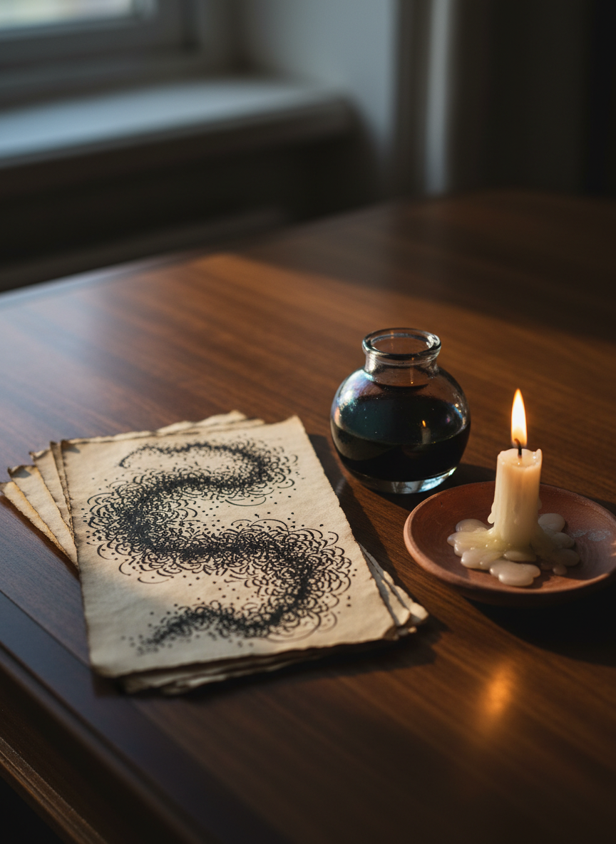 A small stack of torn, uneven parchment pages sits atop a dark walnut desk, each sheet covered in swirling, abstract ink patterns that resemble constellations of words rather than legible lines. A glass inkwell, half full of shimmering black ink with subtle iridescent reflections, stands nearby. A thin candle, burned almost to its base, pools wax onto a simple clay saucer. Golden candlelight and faint moonlight from an unseen window mix softly, creating dramatic yet tender shadows. Photographic realism, eye-level composition, with a shallow depth of field that sharpens the inkwell and the nearest inked page while the rest fades into a velvety blur, evoking secretive, nocturnal creativity.